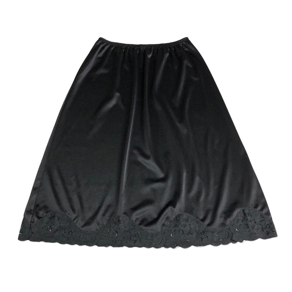 Vintage Vanity Fair Slip Skirt S/M/L Black Nylon‎ Lingerie Scalloped Lace Satin